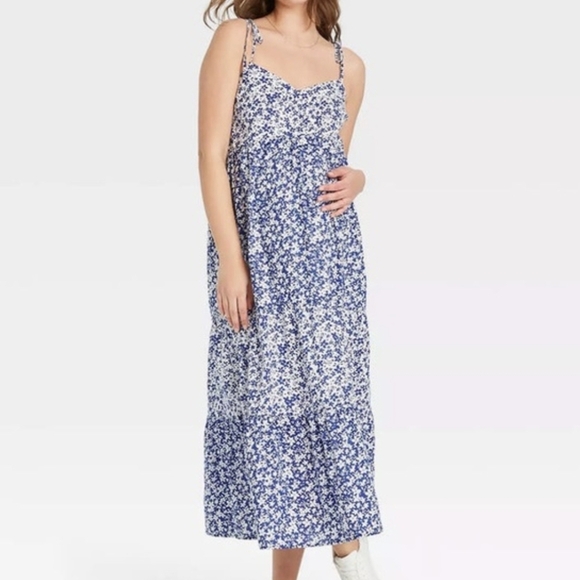 Nines by Hatch Floral Maternity Midi Sundress Dress Small Navy Blue White Cotton - Picture 1 of 13